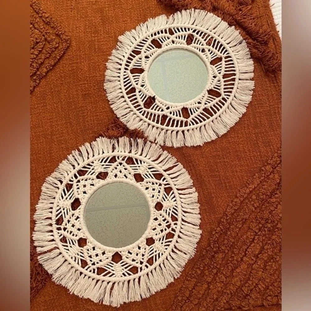 (2) Boho Hanging Wall Mirrors Macrame Fringe Wall Decor